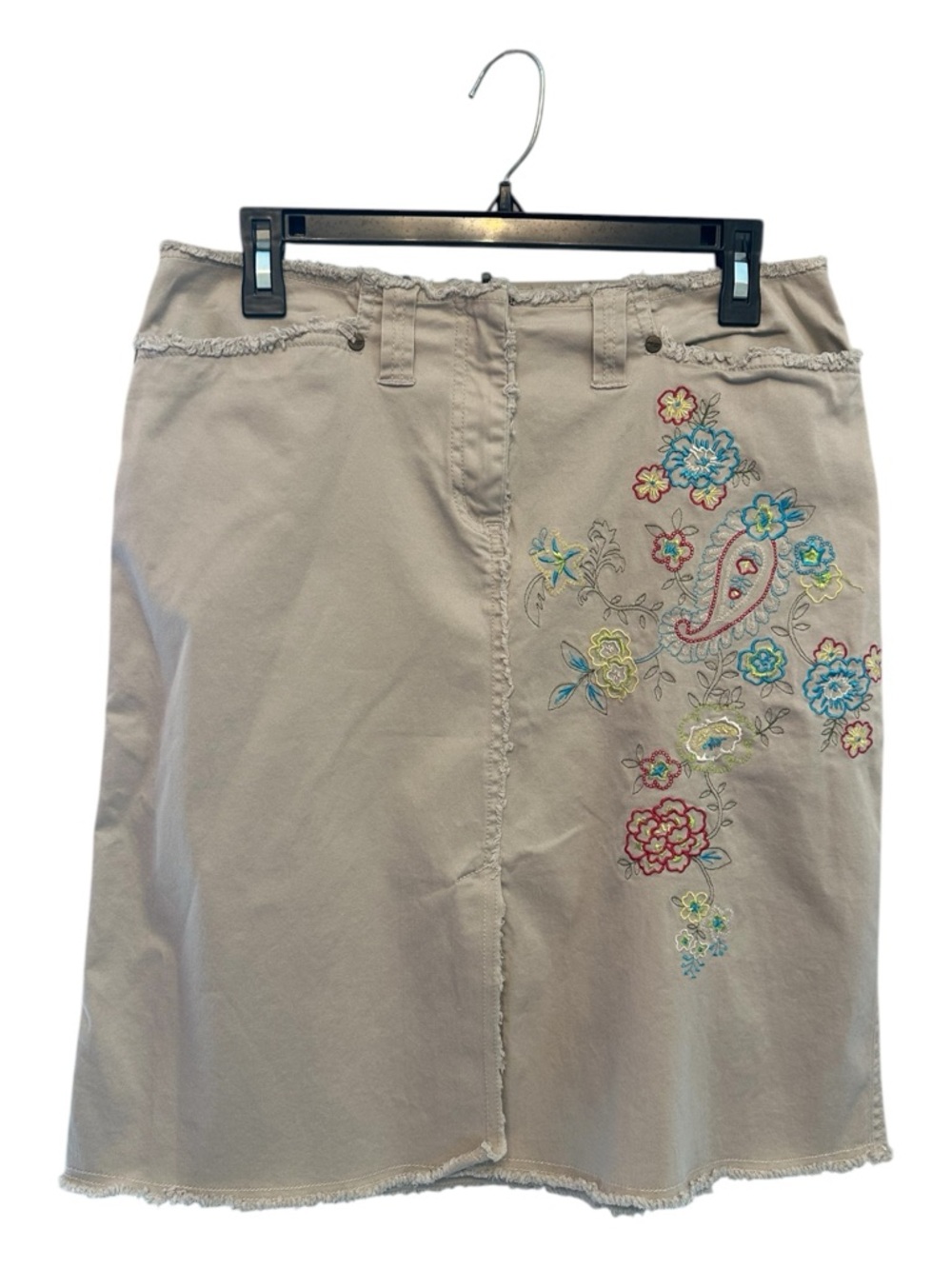 Vintage Y2K Jones NY Khaki Midi Skirt with Multicolor Floral Embroidery Size 8